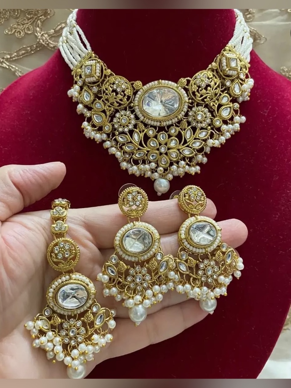 Gold and White Kundan Pearl Bridal Necklace Set - Women Jewelry